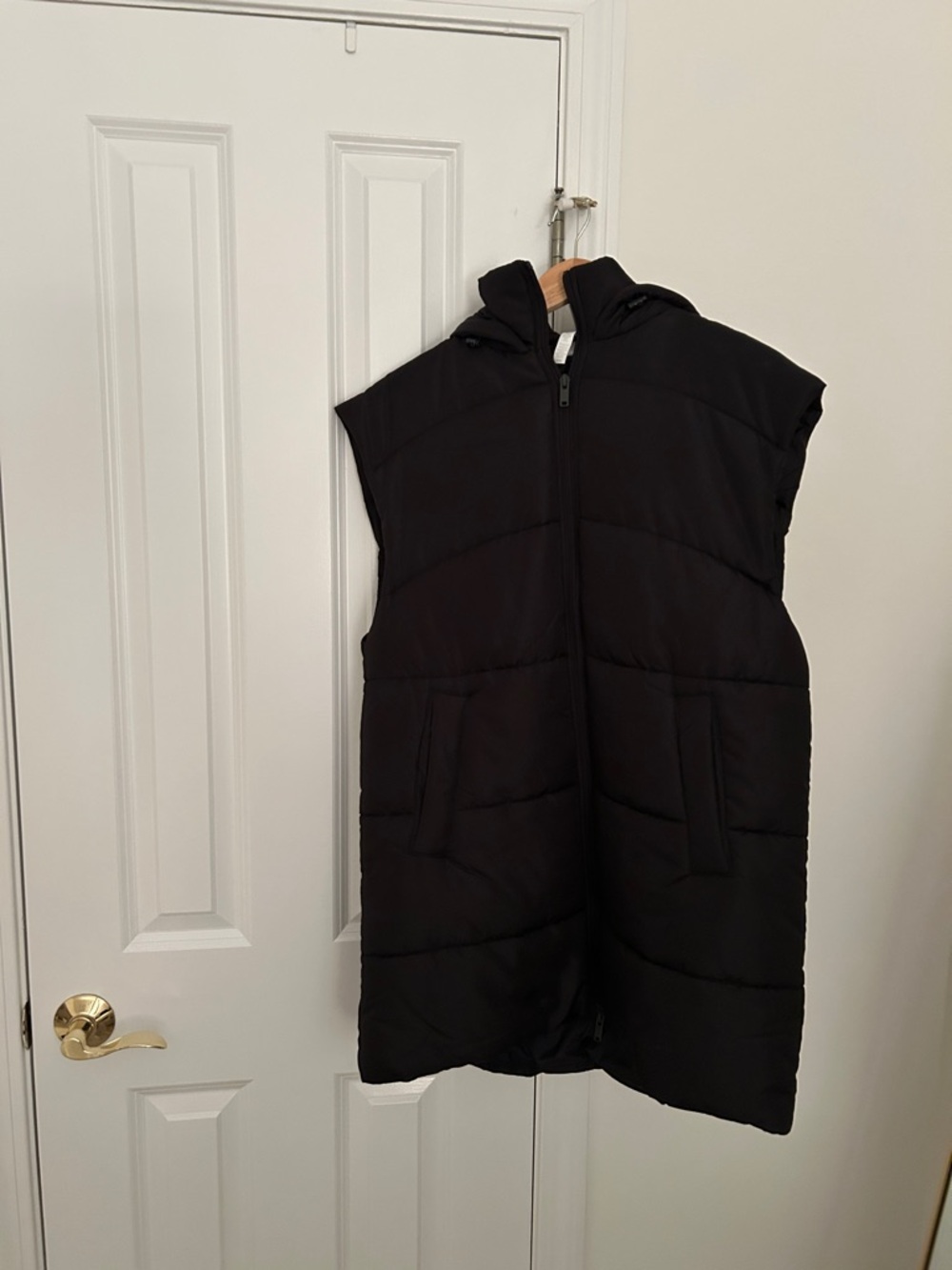 Zella Longline Black Puffer Vest with Hood